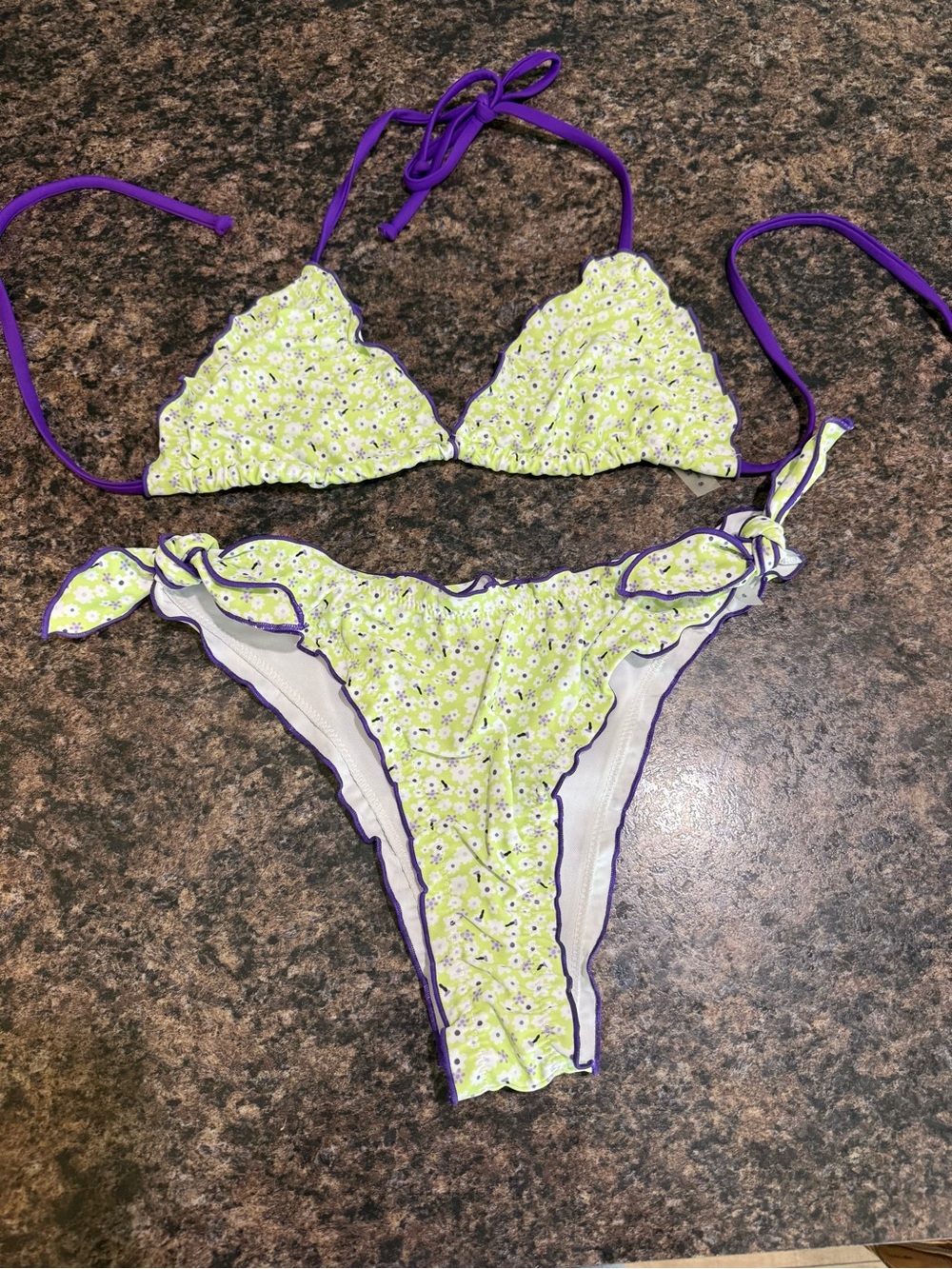 SHEIN Lime Green Floral Triangle Bikini with Purple Trim